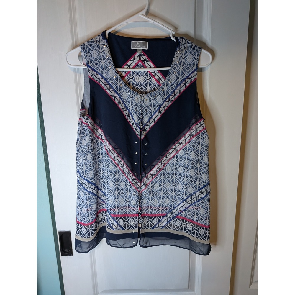 JM Collection Petite Navy Geometric Chevron Studded Layered V-Neck Blouse PS